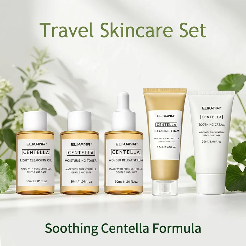 Centella Asiatica Travel Face Skin Care Kit: Serum,Cleansing Oil,Moisturizing Toner,Cleaner Foam,Soothing Cream,Skincare Set