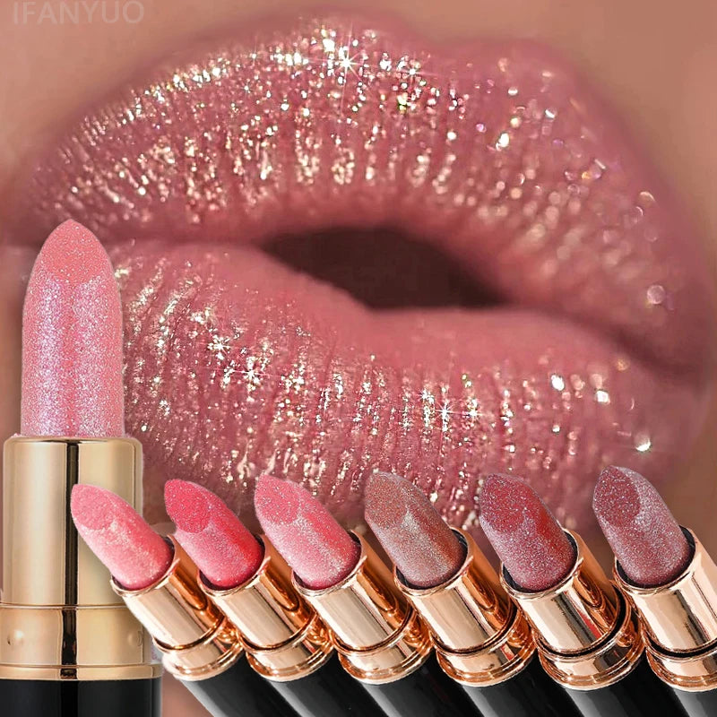 Metallic Glitter Lipstick Diamond Dazzling Waterproof Sexy Lip Gloss Moisturizing Matte Velvet Pearlescent Lip Tint Balm Makeup