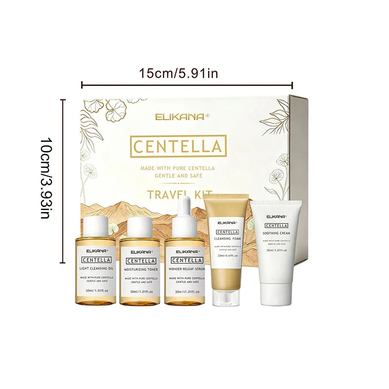 Centella Asiatica Travel Face Skin Care Kit: Serum,Cleansing Oil,Moisturizing Toner,Cleaner Foam,Soothing Cream,Skincare Set