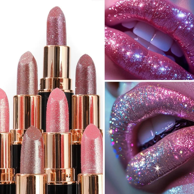 Metallic Glitter Lipstick Diamond Dazzling Waterproof Sexy Lip Gloss Moisturizing Matte Velvet Pearlescent Lip Tint Balm Makeup
