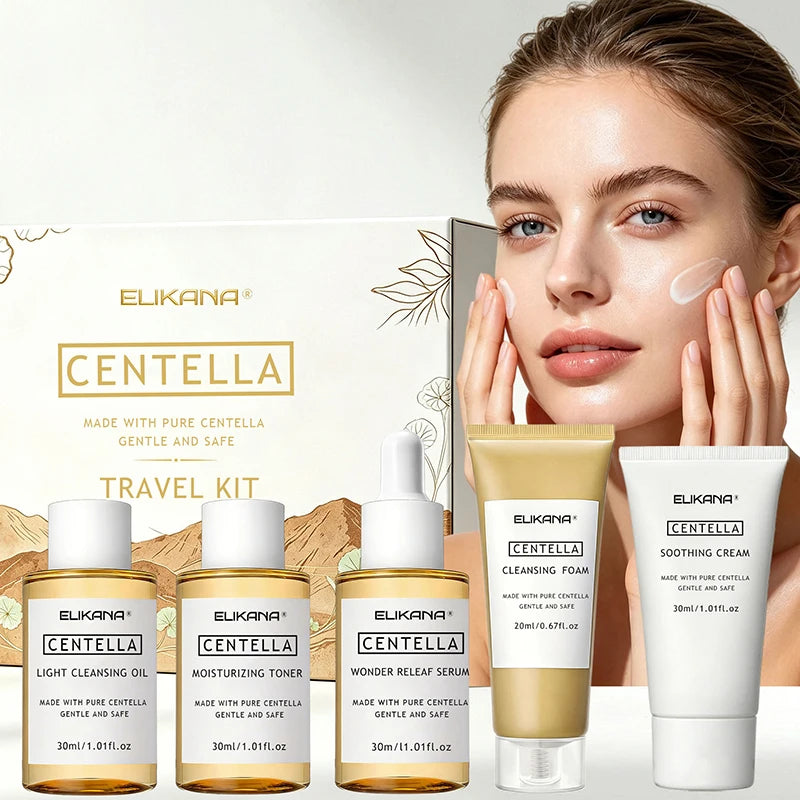 Centella Asiatica Travel Face Skin Care Kit: Serum,Cleansing Oil,Moisturizing Toner,Cleaner Foam,Soothing Cream,Skincare Set